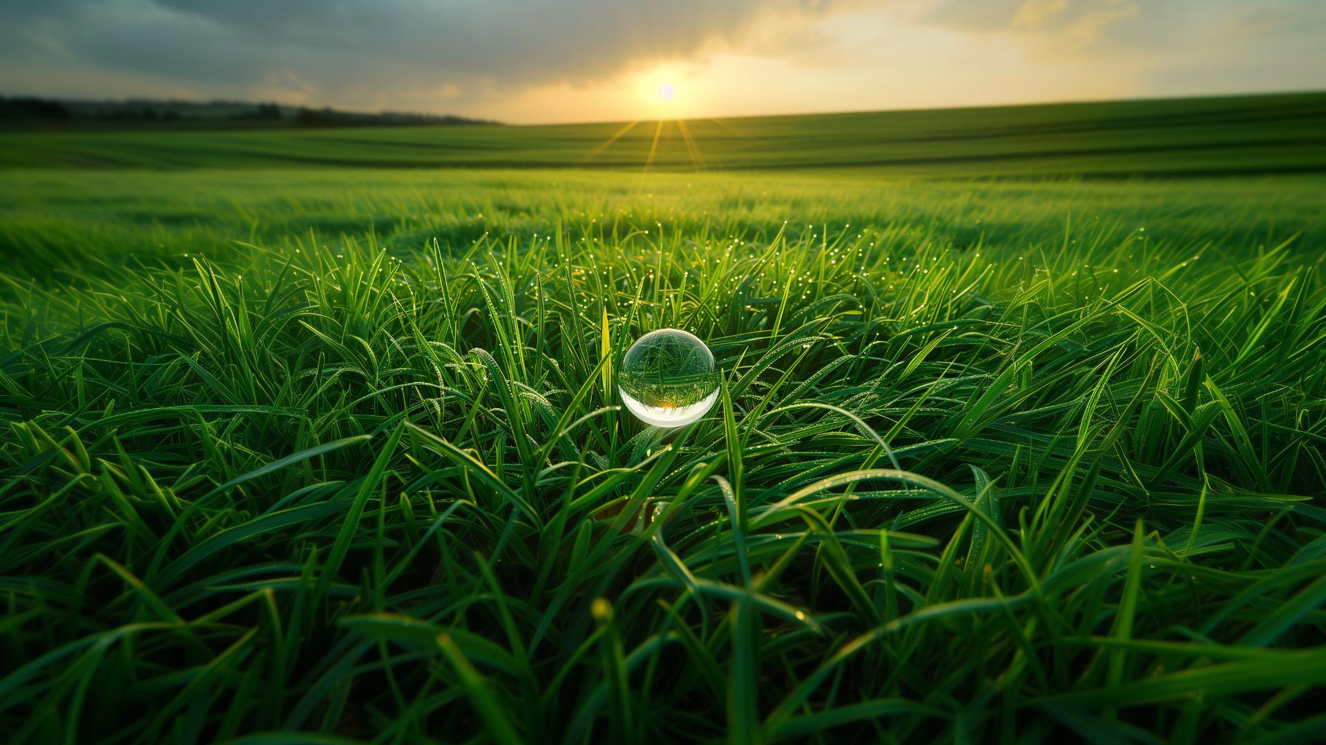 Earth Month photo illustration of drop of water on blades of grass